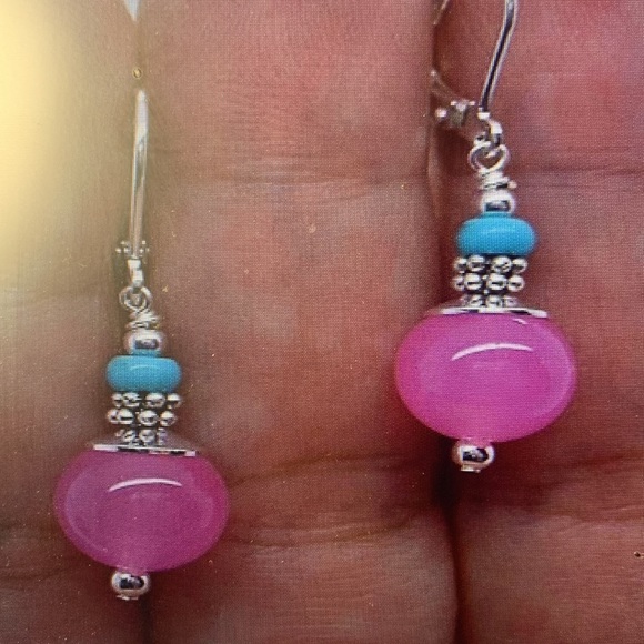 New pretty 8/9 mm pink Jade and 1mm turquoise beads lever back earrings - Picture 4 of 11